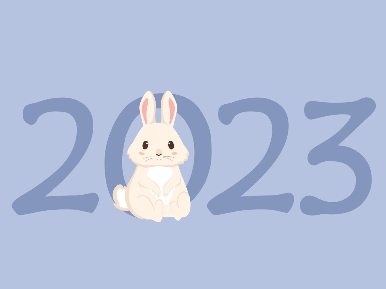 2023 with zodiac sign, year of the Rabbit, with cute cartoone white Rabbit vector