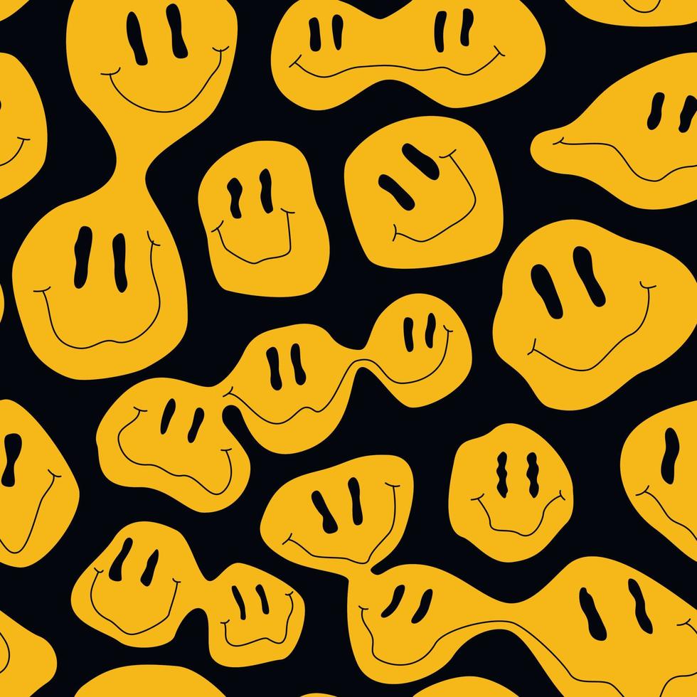 Seamless pattern of melting smiling Faces. Lava lamp, water drops, drug ...