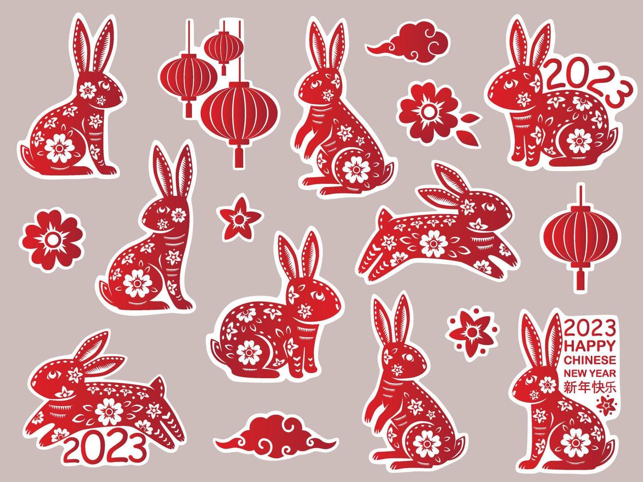 Set of Chinese New Year 2023  of the Rabbit stickers with red paper cut art. The Rabbit - Chinese zodiac symbol vector