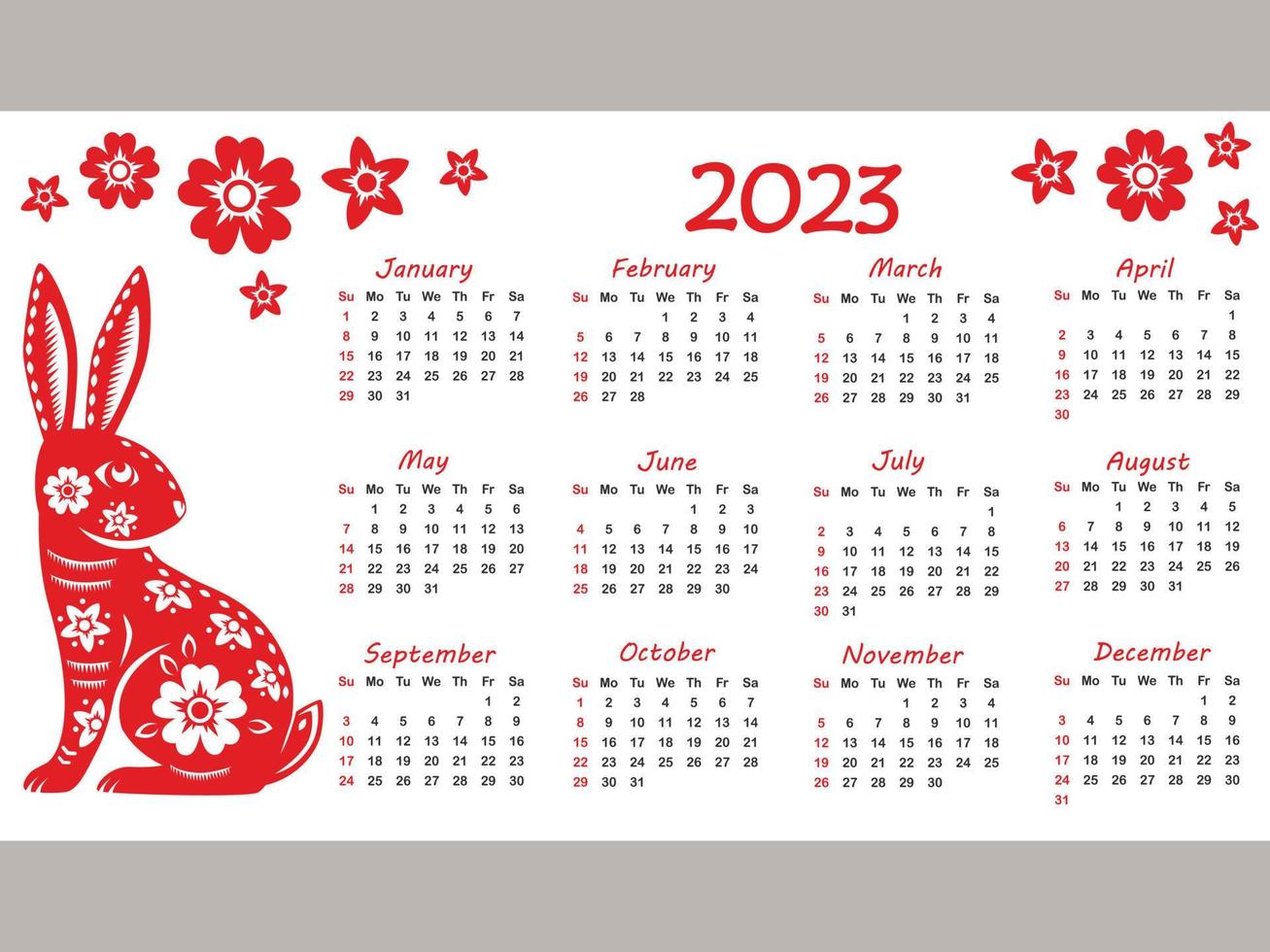 Calendar 2023 with zodiac sign, year of the Rabbit, with red paper cut art on white color background vector