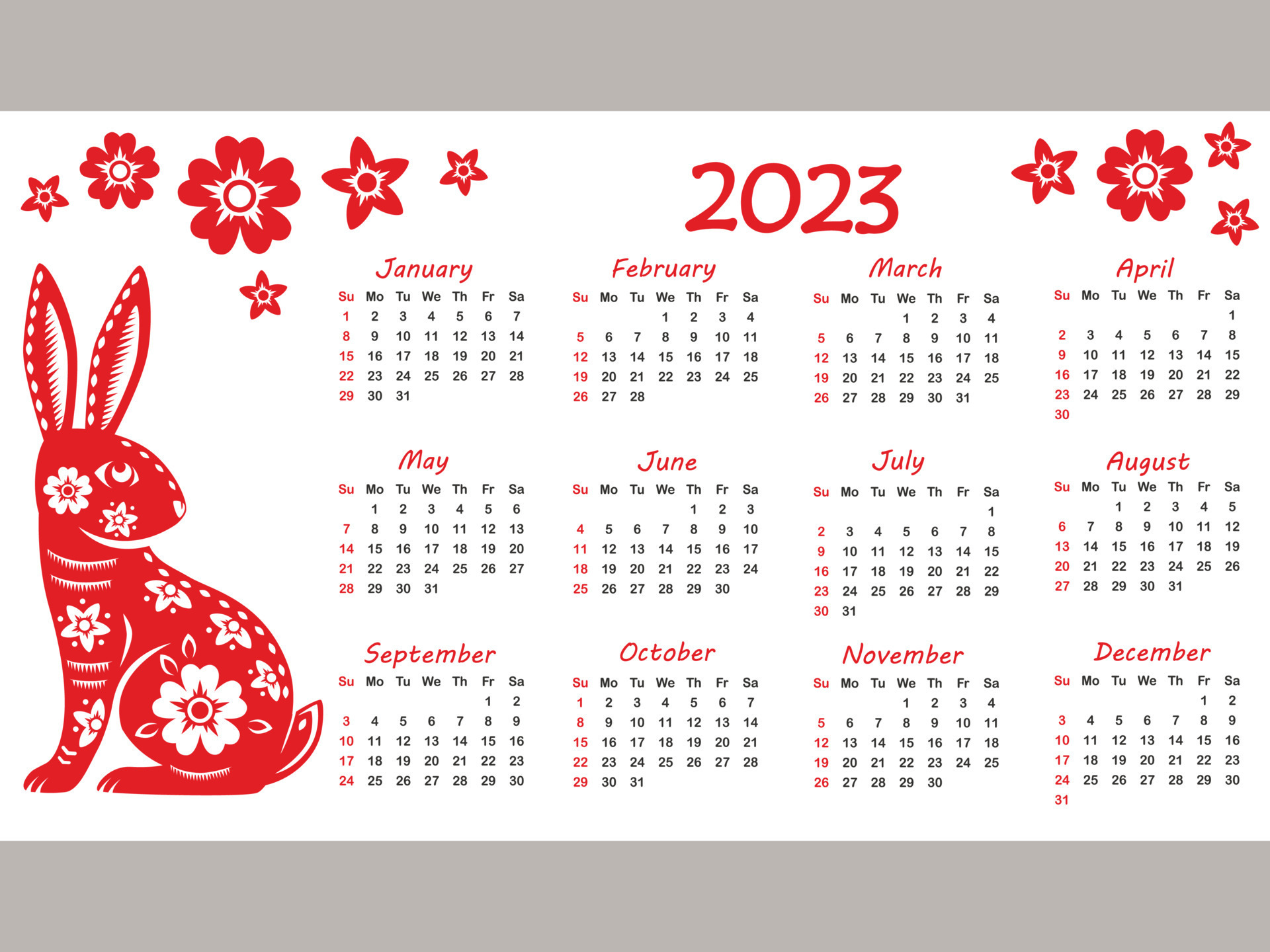 Calendar 2023 with zodiac sign, year of the Rabbit, with red paper cut
