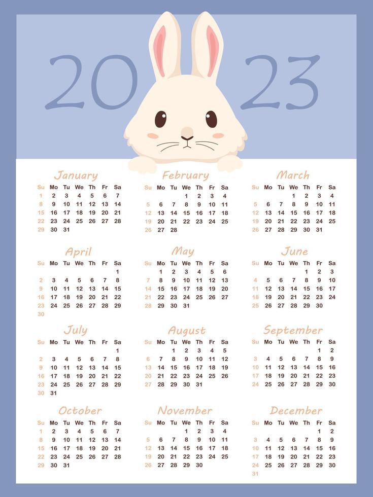 Calendar 2023 with zodiac sign, year of the Rabbit, with cute cartoone white Rabbit vector