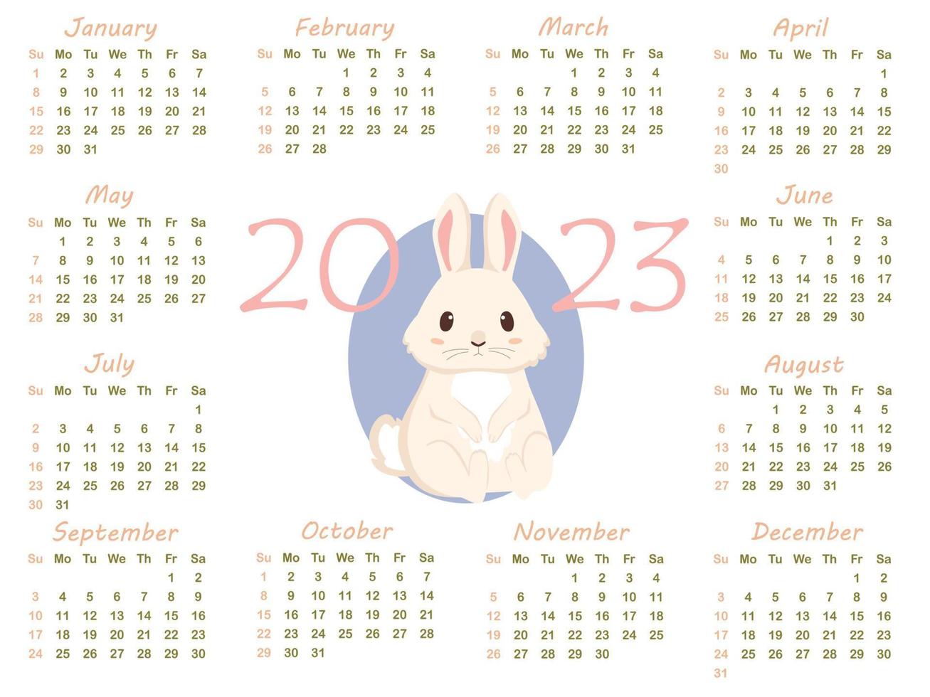 Calendar 2023 with zodiac sign, year of the Rabbit, with cute cartoone white Rabbit vector