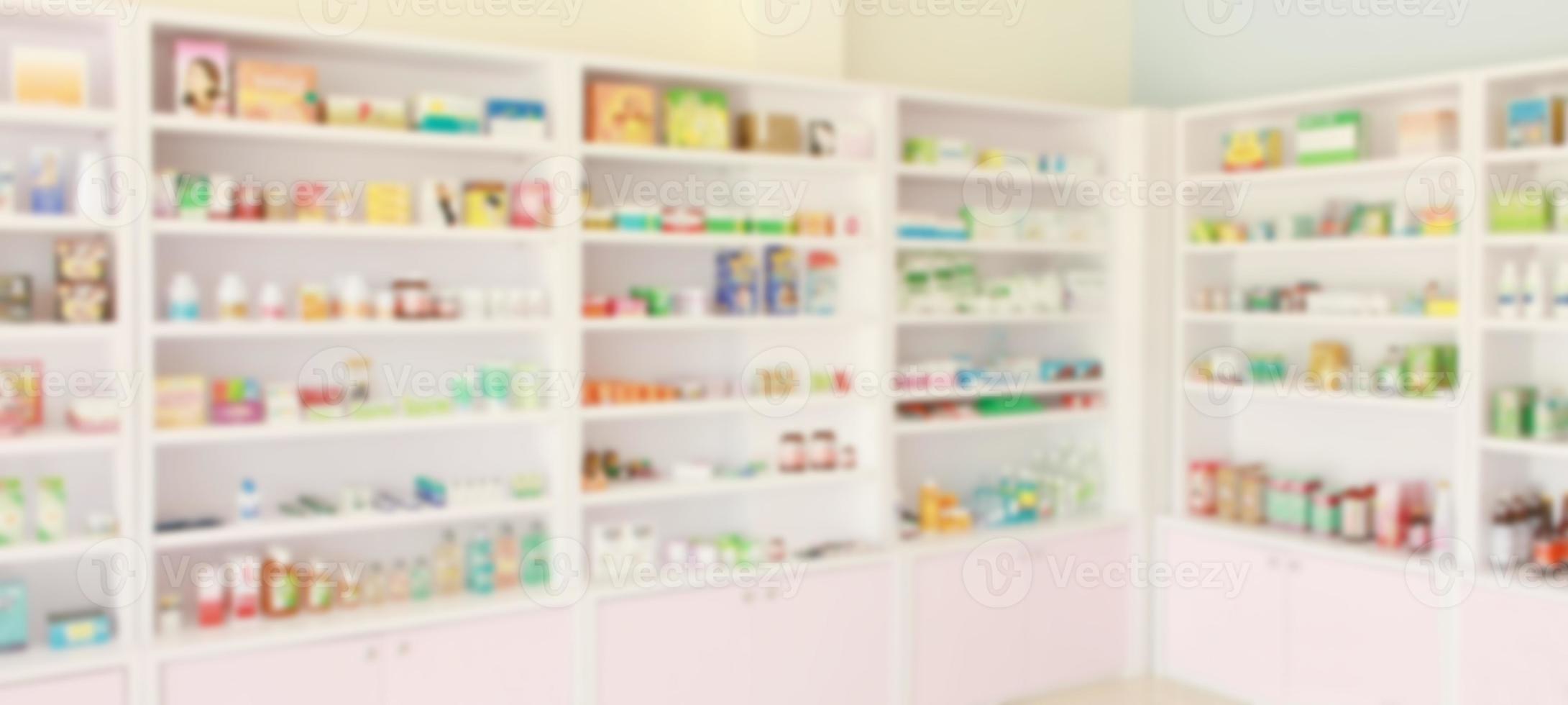 Pharmacy drugstore blur abstract backbround with medicine and healthcare product on shelves photo