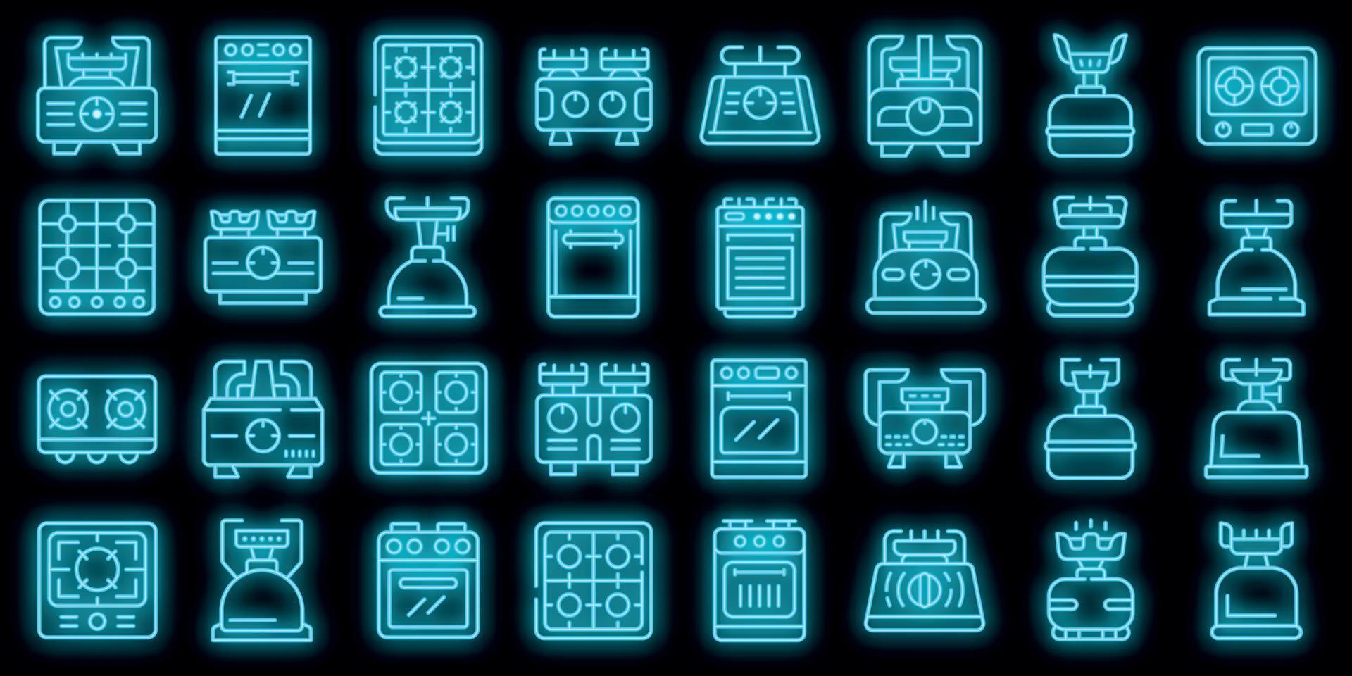 Burning gas stove icons set vector neon