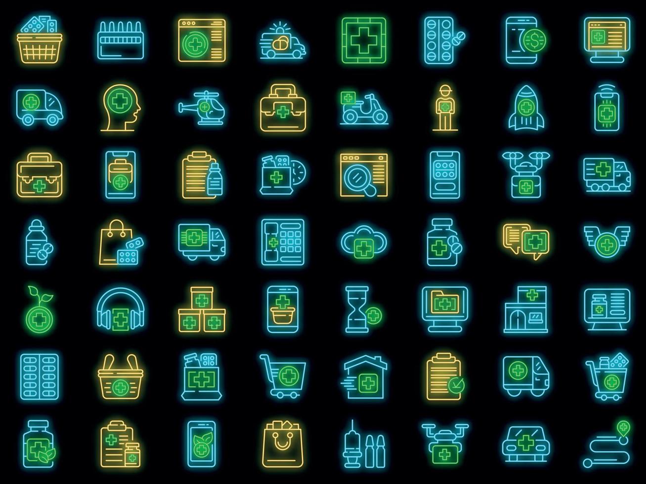 Drug delivery icons set vector neon