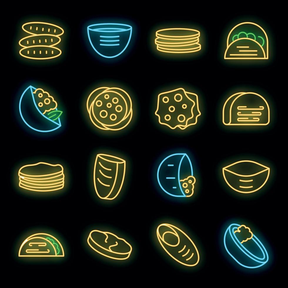 pan de pita, iconos, conjunto, vector, neón vector