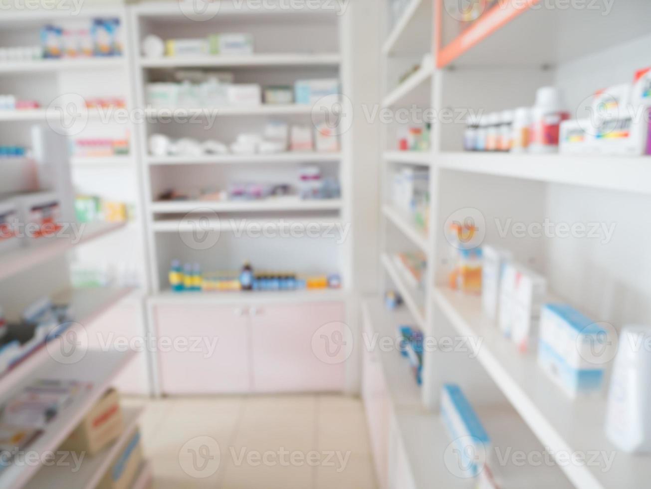 Pharmacy store shelves interior with blurred background photo