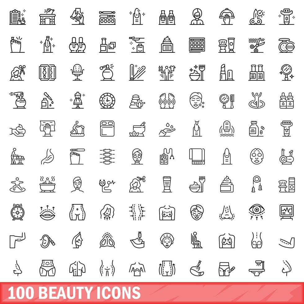 100 beauty icons set, outline style vector