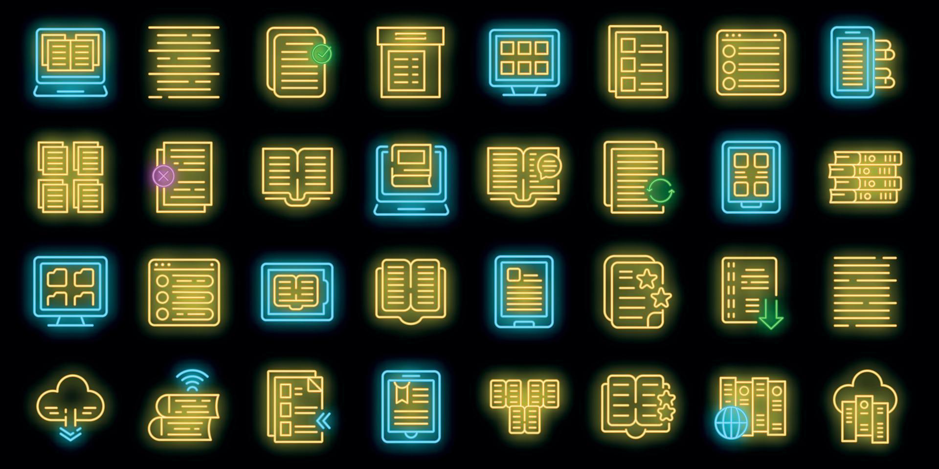 Electronic catalogs icons set vector neon