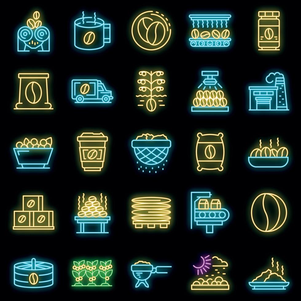 Coffee production icons set vector neon