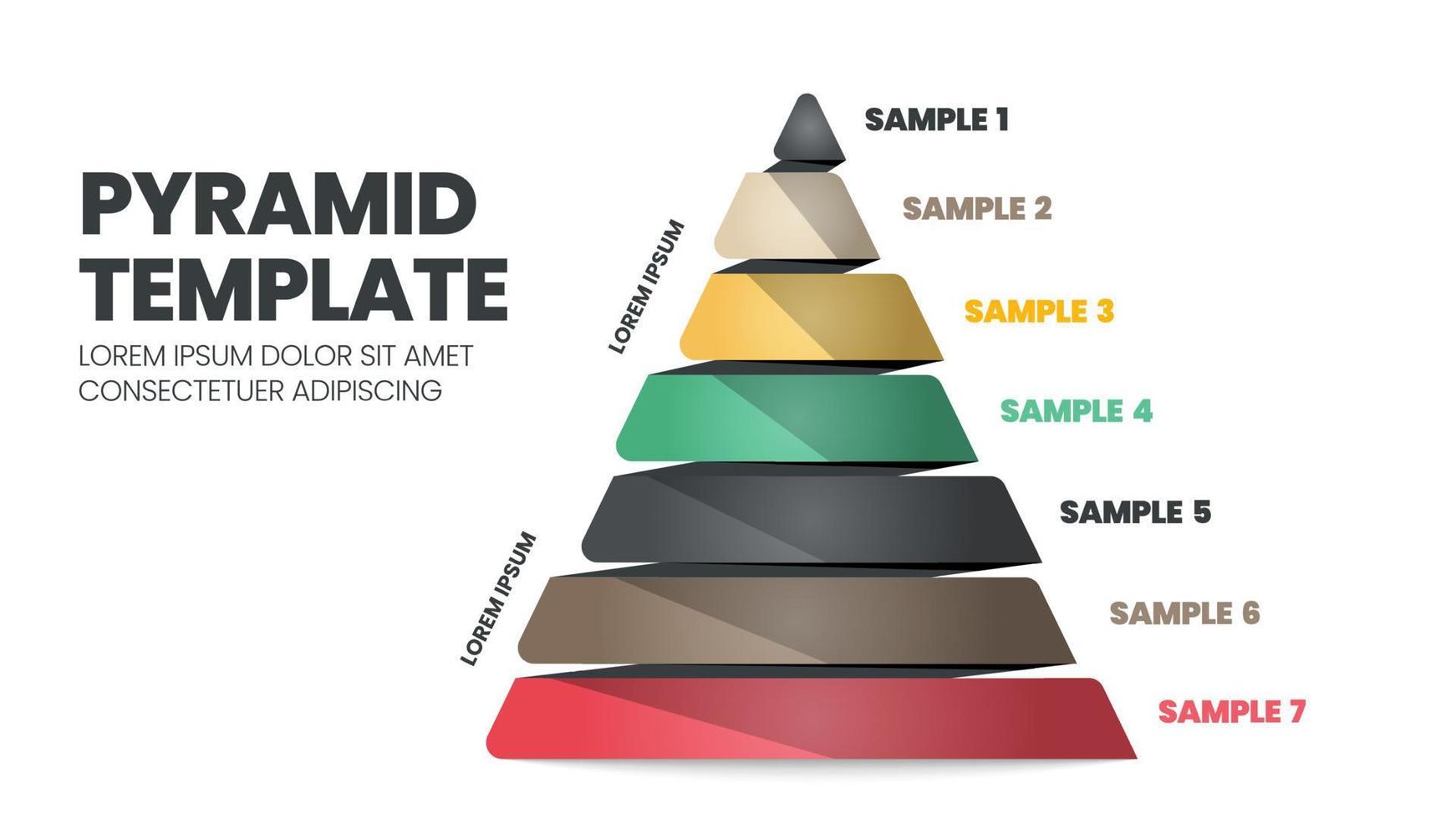 7 pasos de una pirámide o plantilla triangular con texto editable son para elementos en una diapositiva de presentación de gráfico. la plantilla de jerarquía es una ilustración vectorial de color moderna en forma de triángulo plano. vector