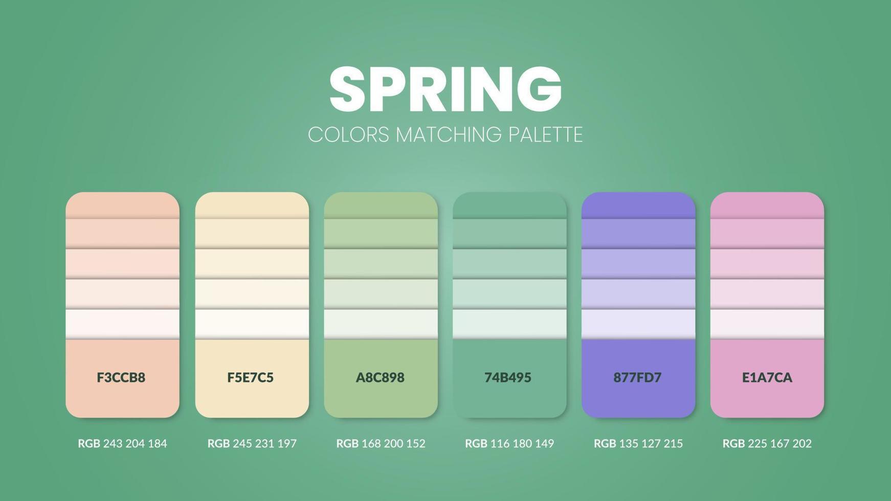 Spring color palettes or color schemes are trends combinations and palette guides this year, a table color shades in RGB or  HEX. A color swatch for a spring fashion, home, or interior design vector