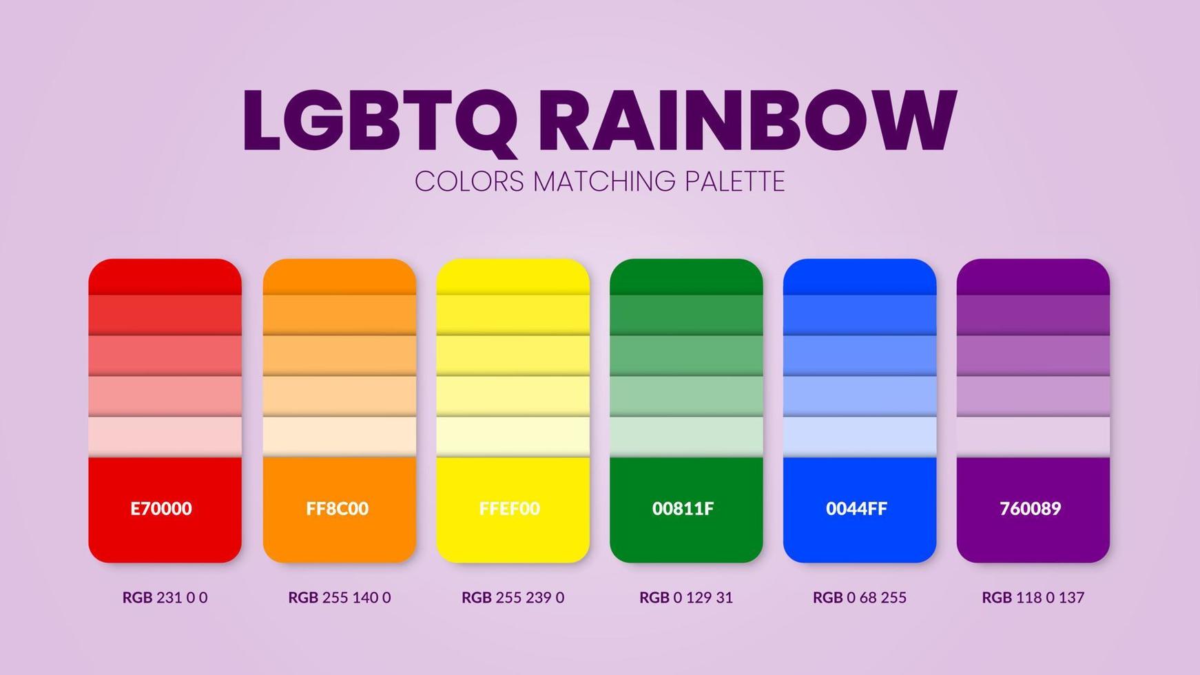 LGBTQ pride color palettes or color schemes are trend combinations and palette guides this year table color shades in RGB or HEX. A color swatch for a queer rainbow fashion, home, or interior design vector