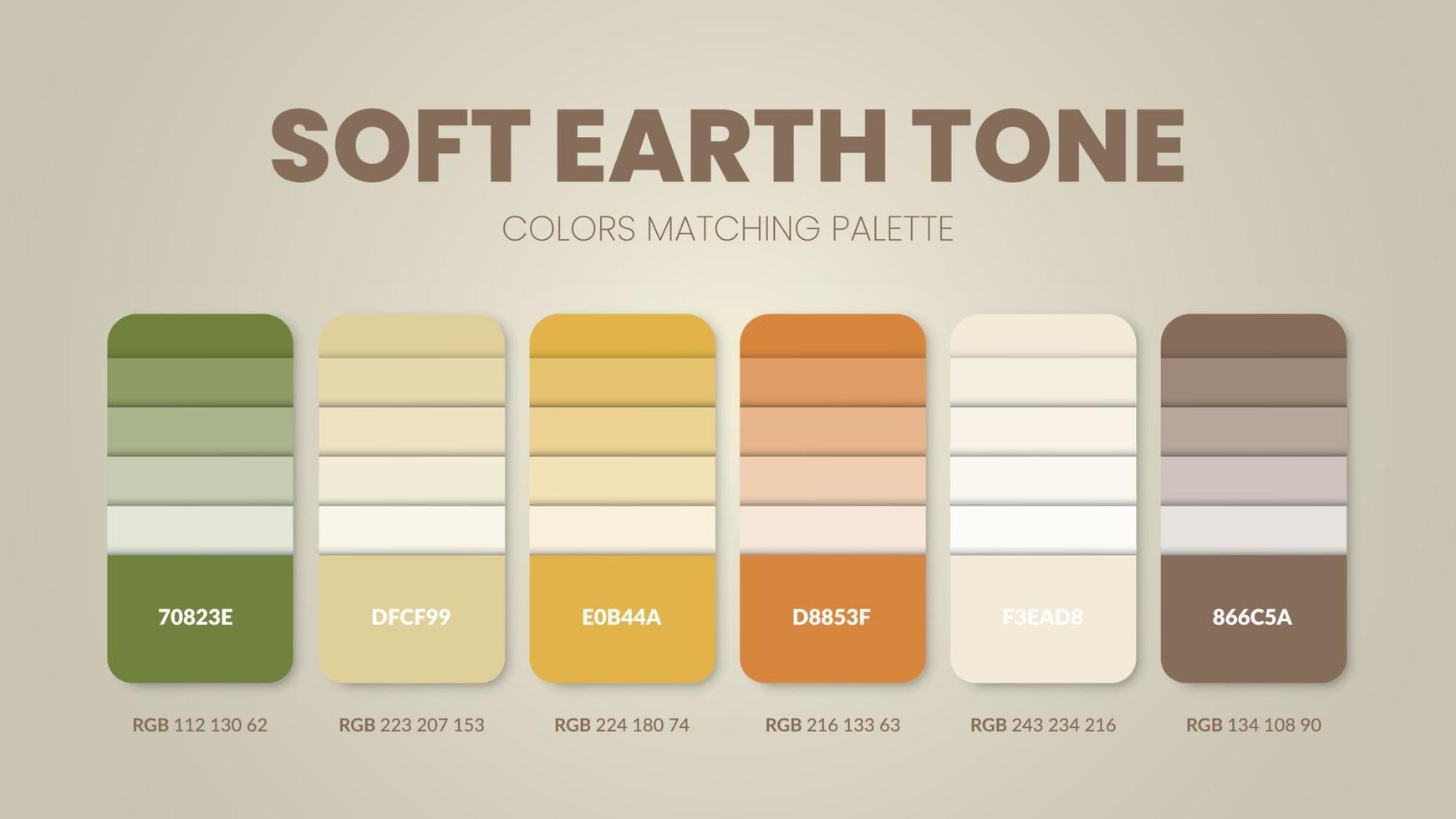 Earth tone colour schemes ideas.Color palettes are trends combinations and palette guides this year, a table color shades in RGB or  HEX. A color swatch for a spring fashion, home, or interior design vector