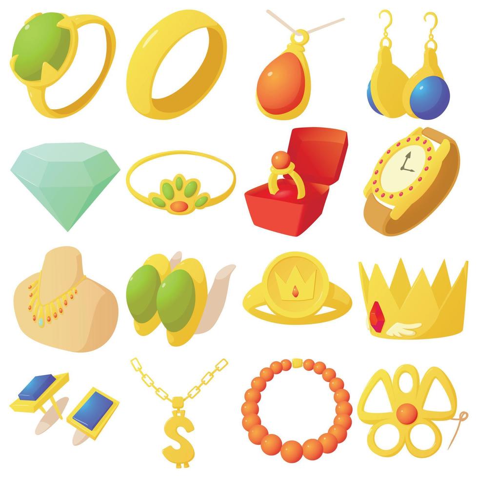 Jewelry items icons set, cartoon style vector