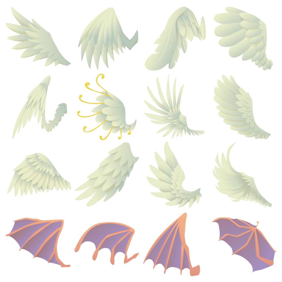 Different wings icons set, cartoon style vector