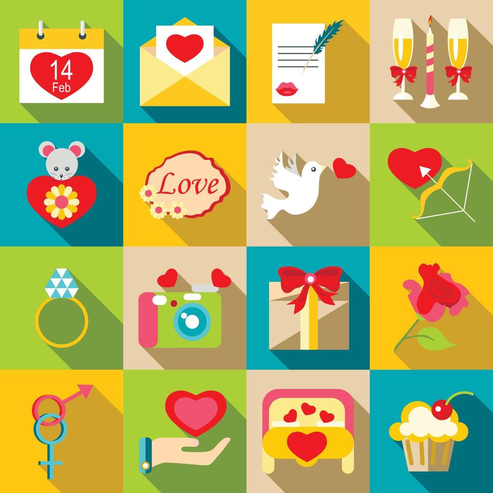 Saint Valentine symbols icons set, flat style vector