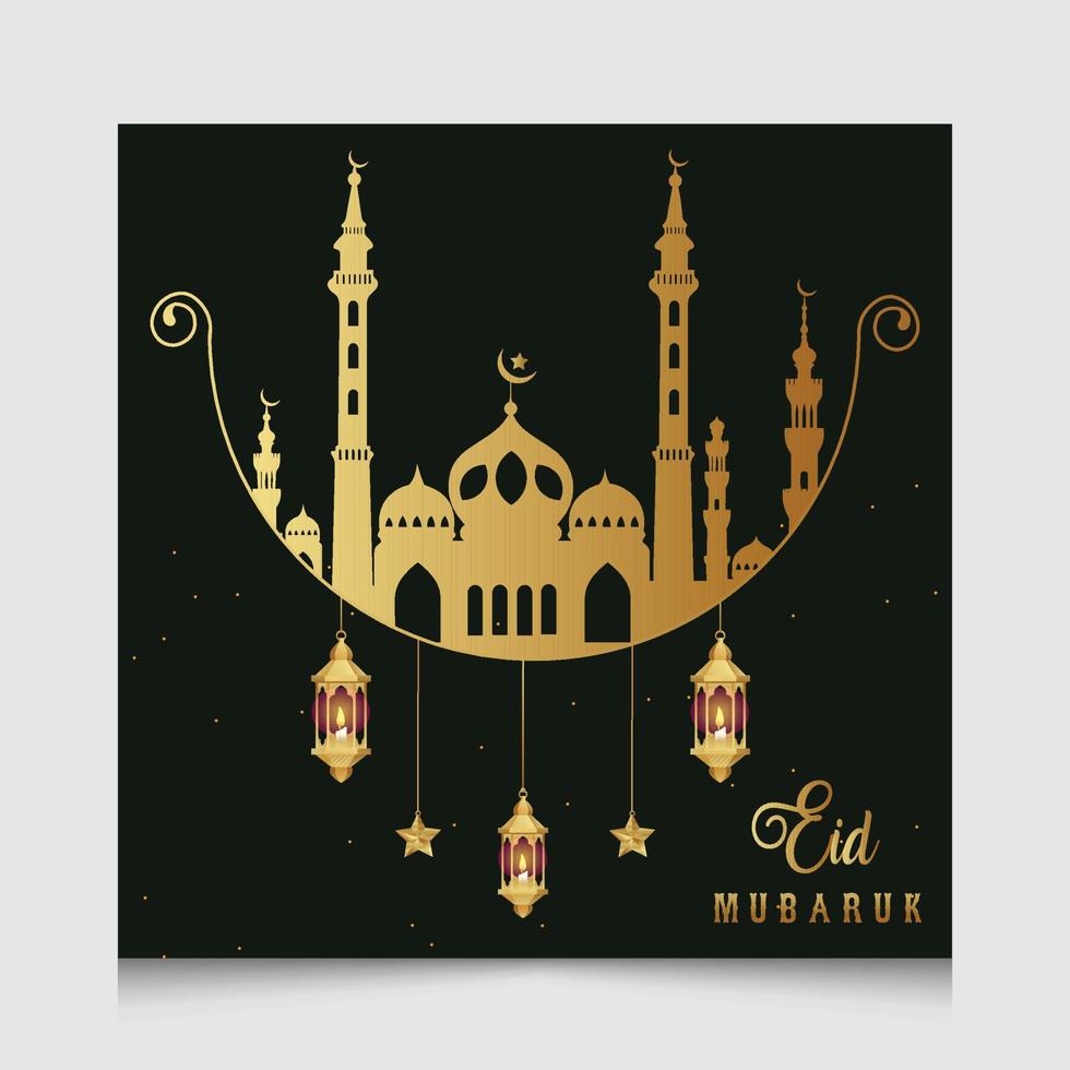 Eid mubarak social media post, Eid al adha and Eid al fitr greeting card template with golden mosque, lantern. Vector illustration