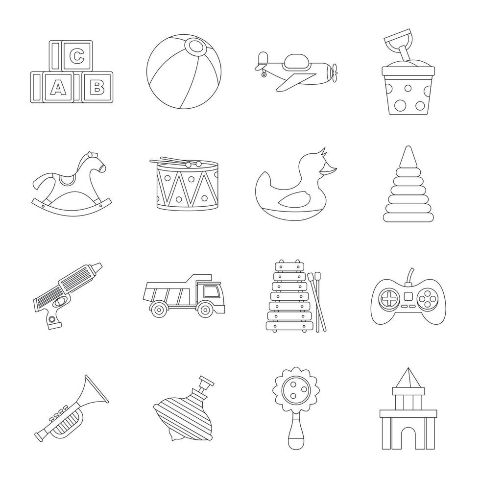 Different kids toys icons set, outline style vector