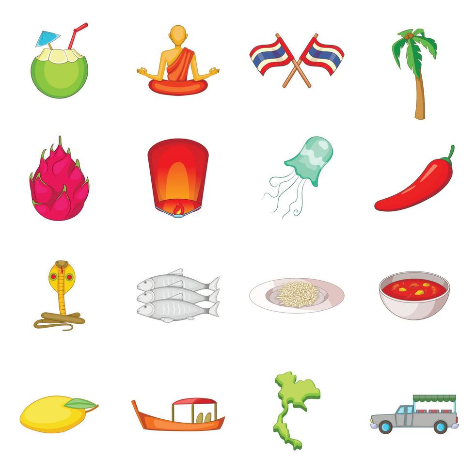 Thailand symbols icons set, cartoon style vector