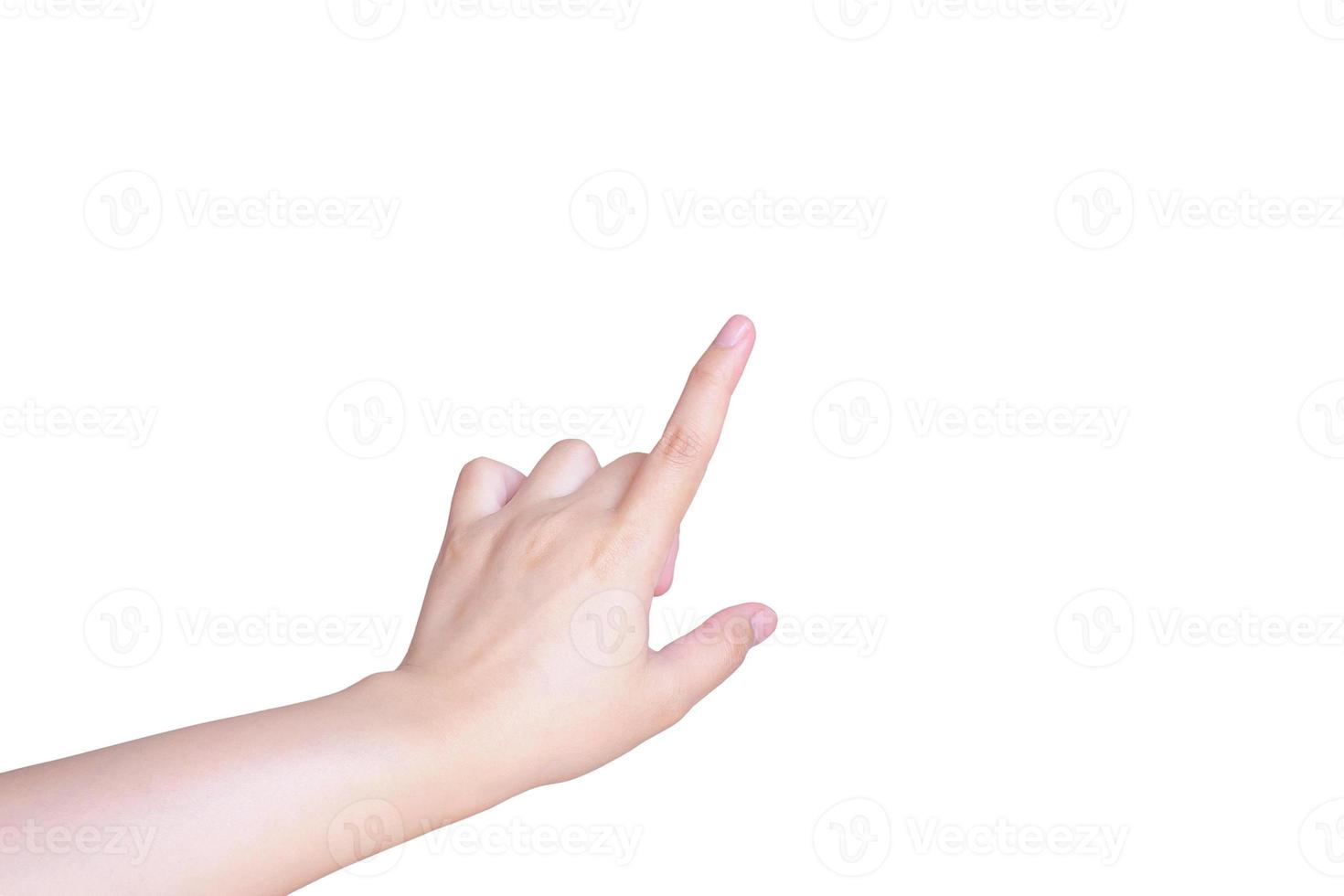 female hand touching or pointing to something isolated on white photo