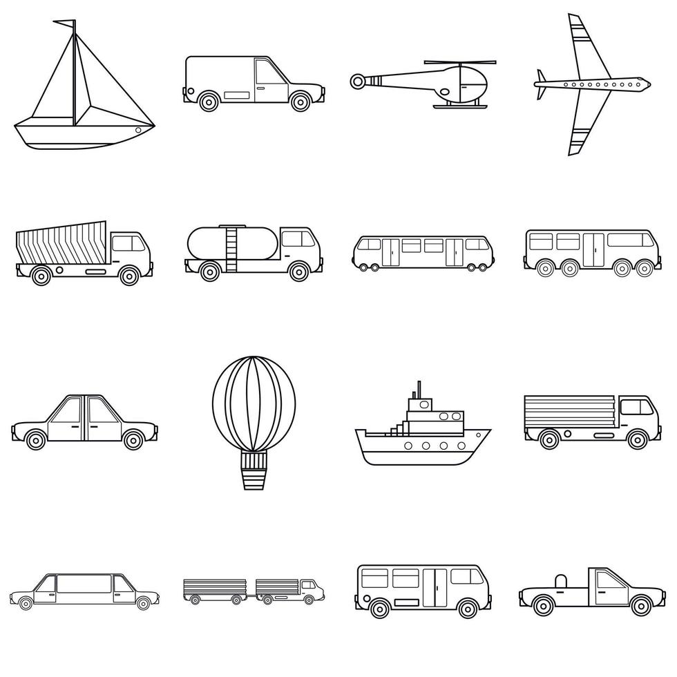 Transportation items icons set, outline style vector