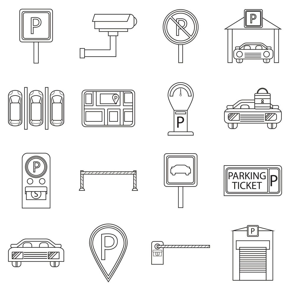 Car parking icons set, outline style vector