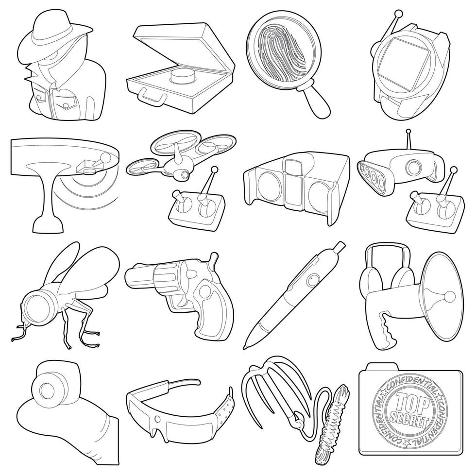 Spy and security icons set, outline style vector