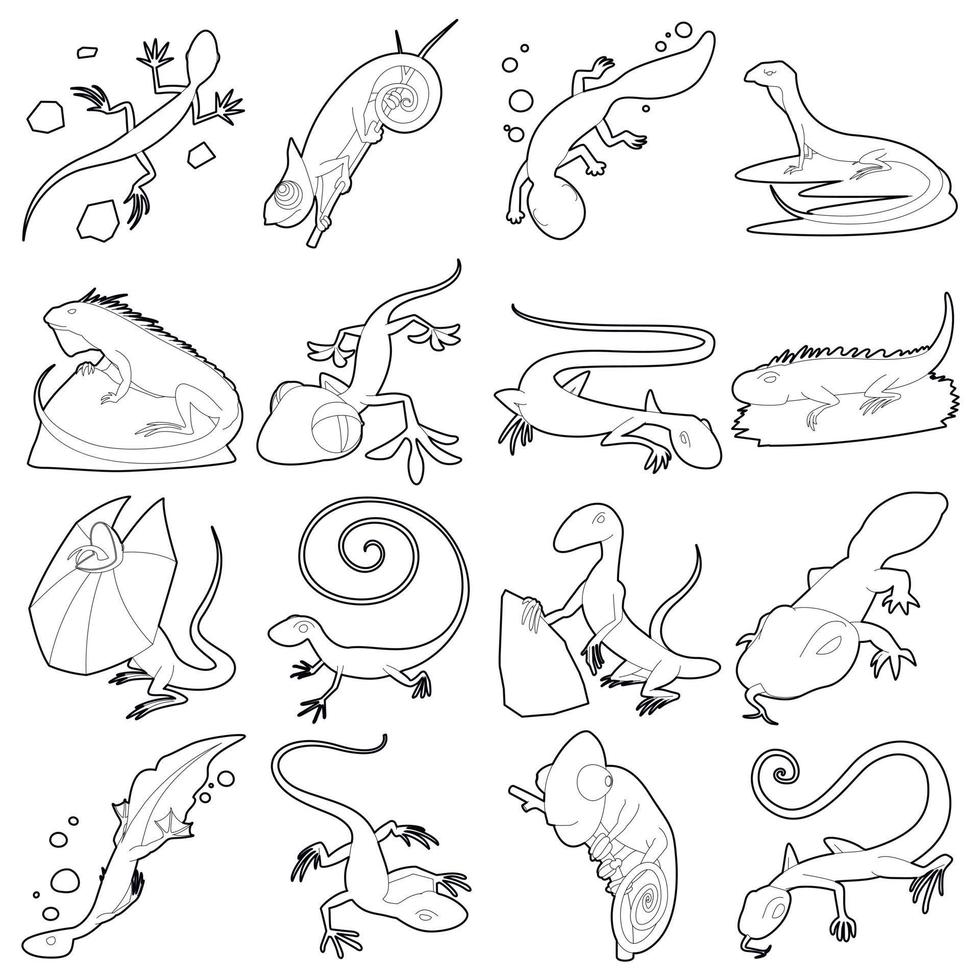 conjunto de iconos de animales tipo lagarto, estilo de esquema vector