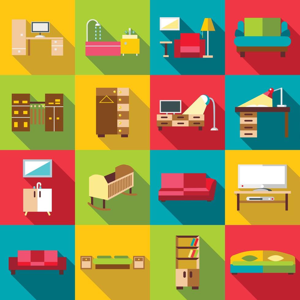 Home interior icons set, flat style vector