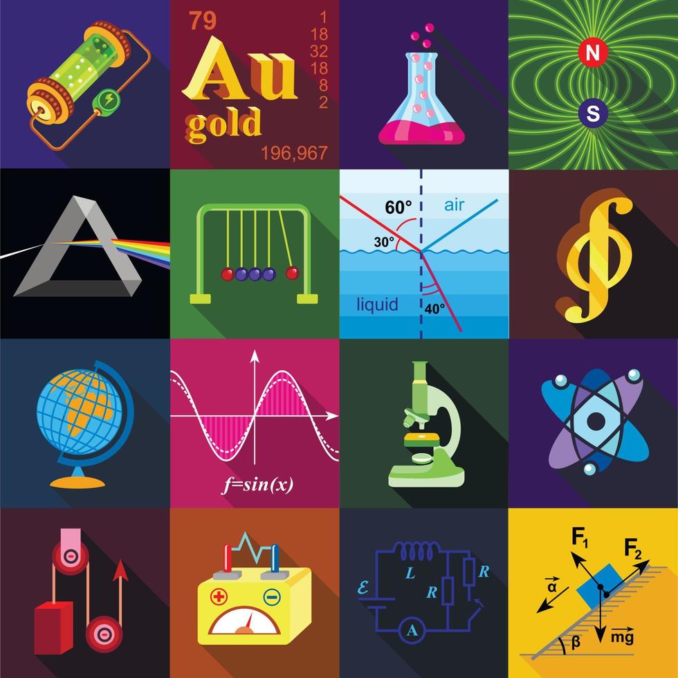 Science research icons set, flat style vector