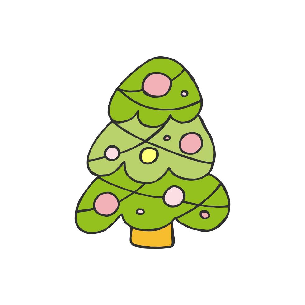 A hand-drawn christmas tree. Colored vector illustration in doodle style. Winter mood. Hello 2023. Merry Christmas and Happy New Year. Green tree with a yellow and pink toys on a white background.