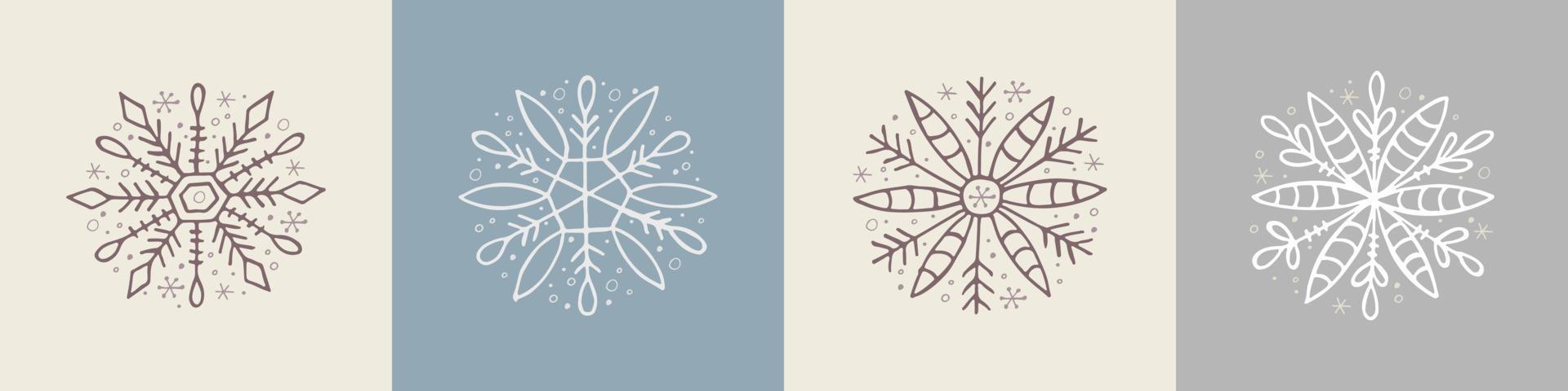 un conjunto de copos de nieve dibujados a mano. ilustración vectorial en estilo garabato. estado de ánimo de invierno. hola 2023. feliz navidad y próspero año nuevo. elementos blancos y grises sobre un fondo gris. vector