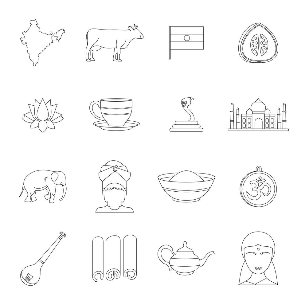 conjunto de iconos de viaje de india, estilo de esquema vector