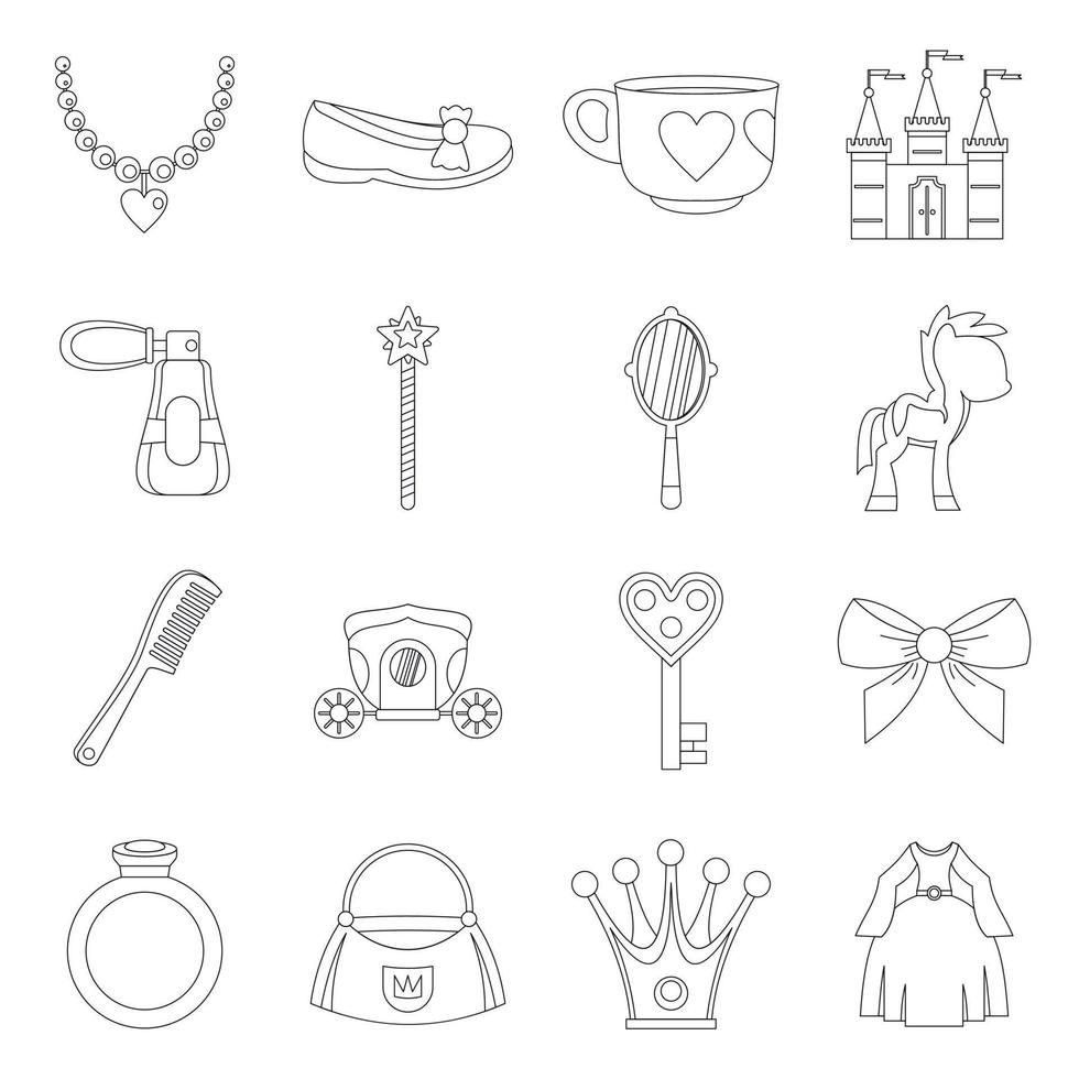 Doll princess items icons set, outline style vector