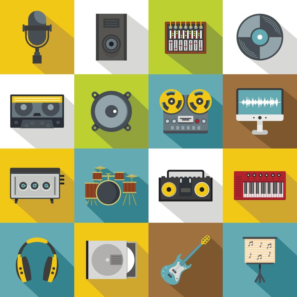 Recording studio items icons set, flat style vector