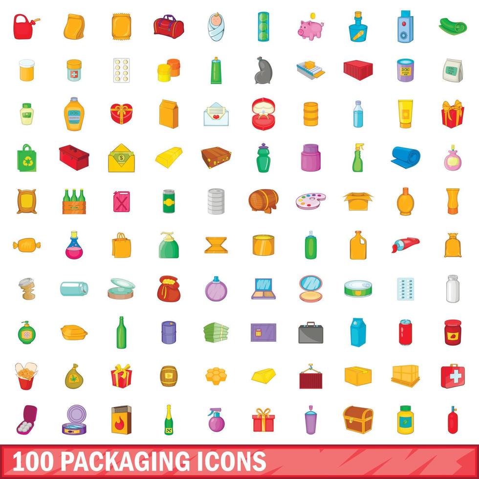 100 iconos de embalaje, estilo de dibujos animados vector