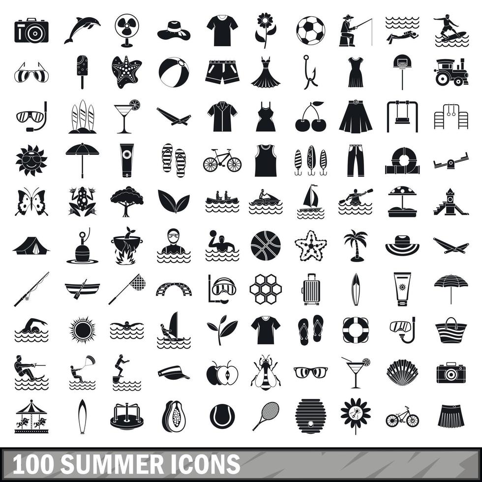 100 summer icons set in simple style vector