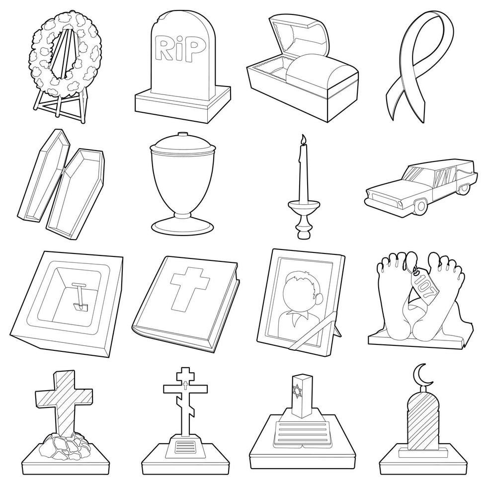 Funeral icons set, outline style vector