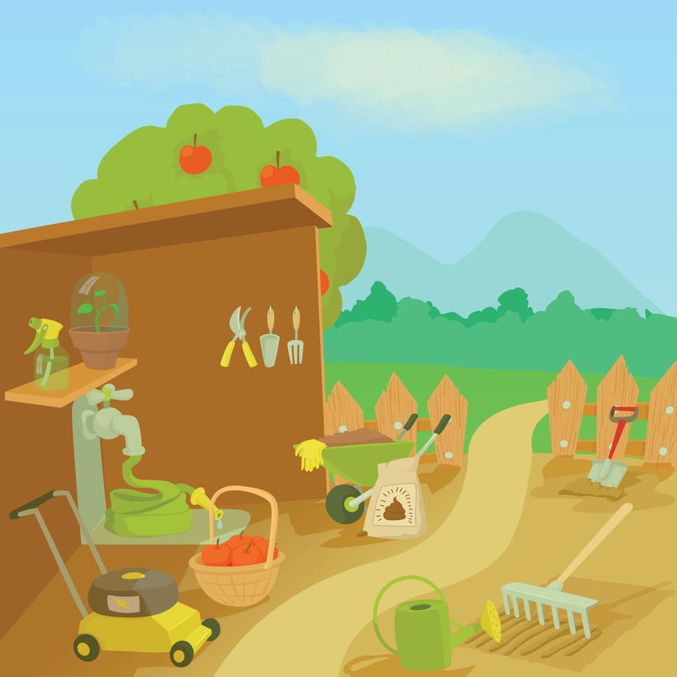 Gardening tools landscape concept, cartoon style vector