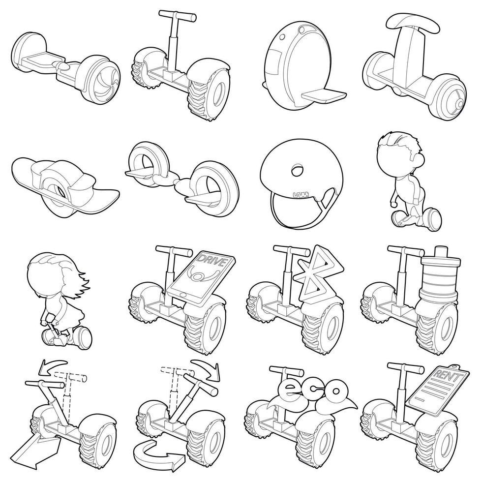 Balancing scooter icons set, outline style vector