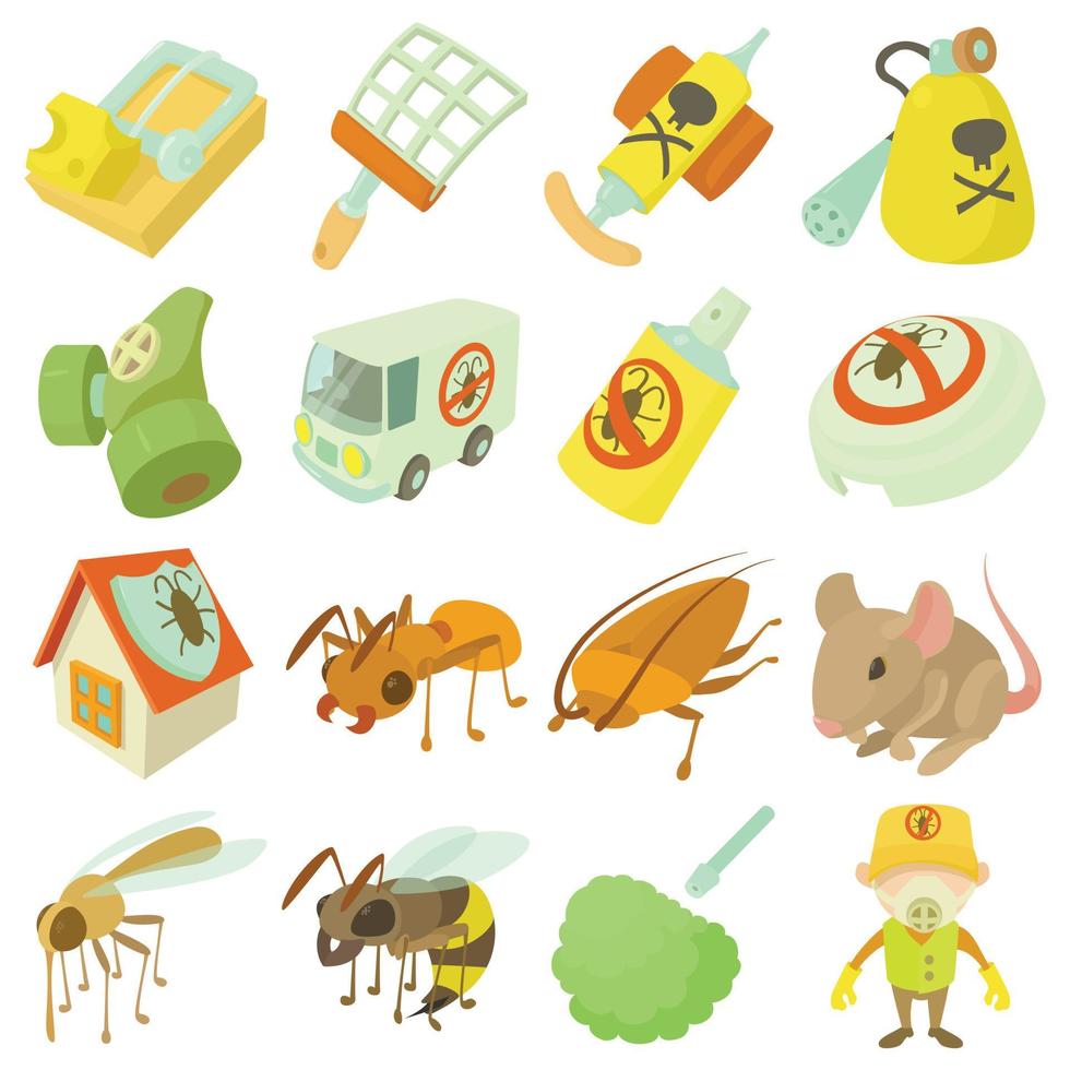 Pest control terminate icons set, cartoon style vector