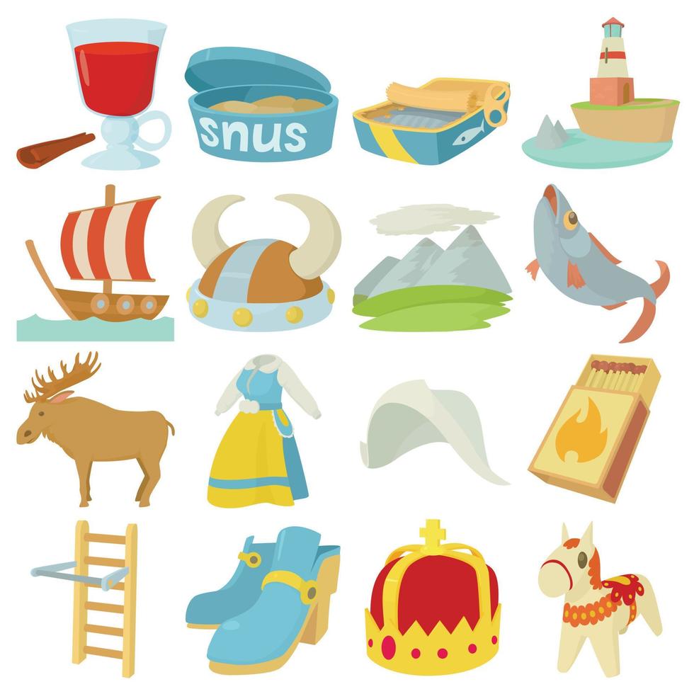 Sweden travel symbols icons set, cartoon style vector