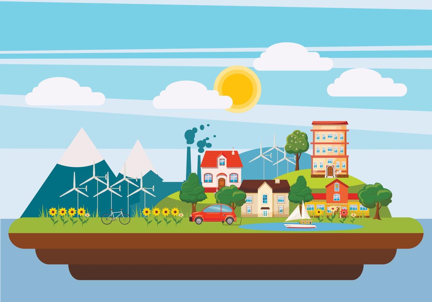 Ecology landscape iland concept, cartoon style vector