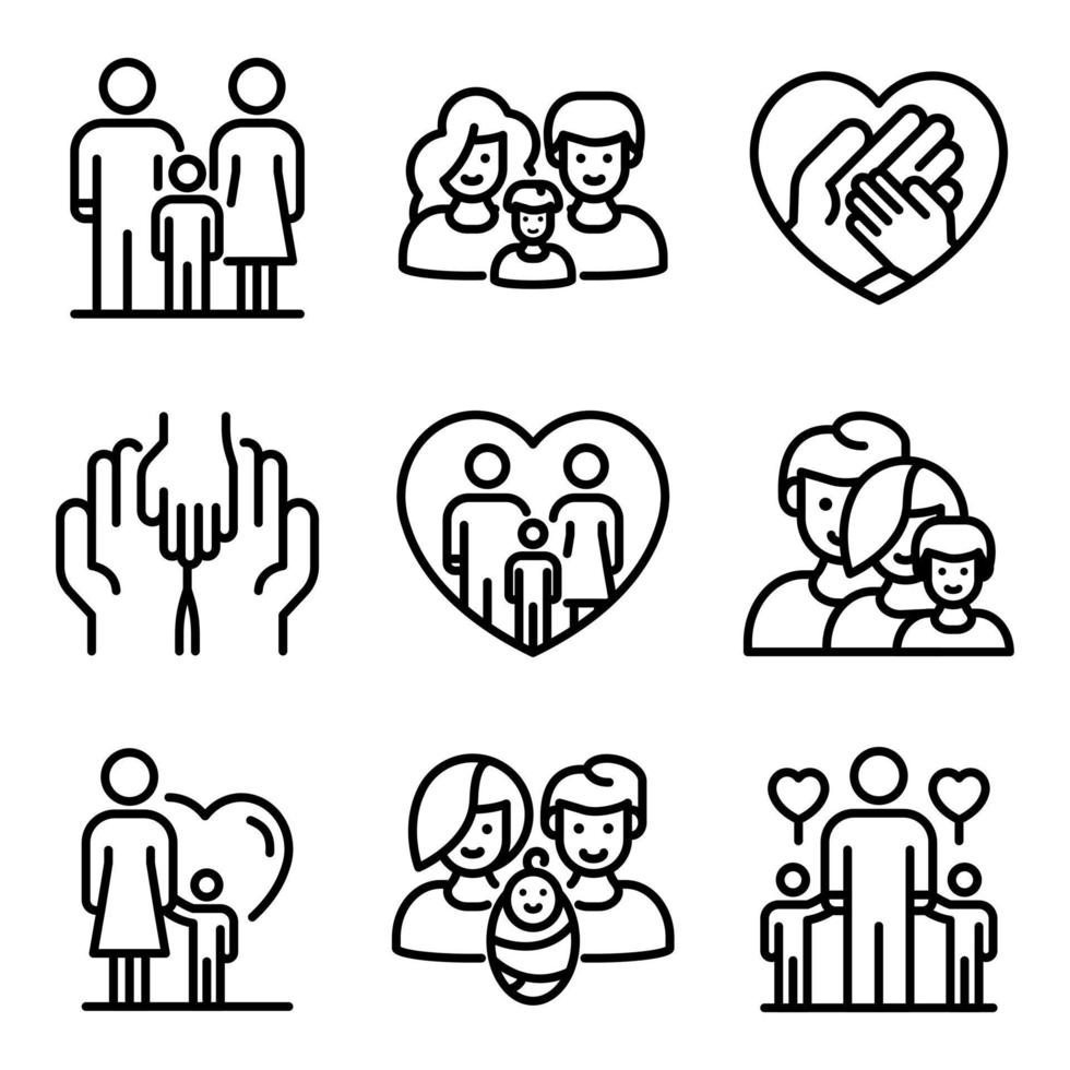 Foster family icons set, outline style vector