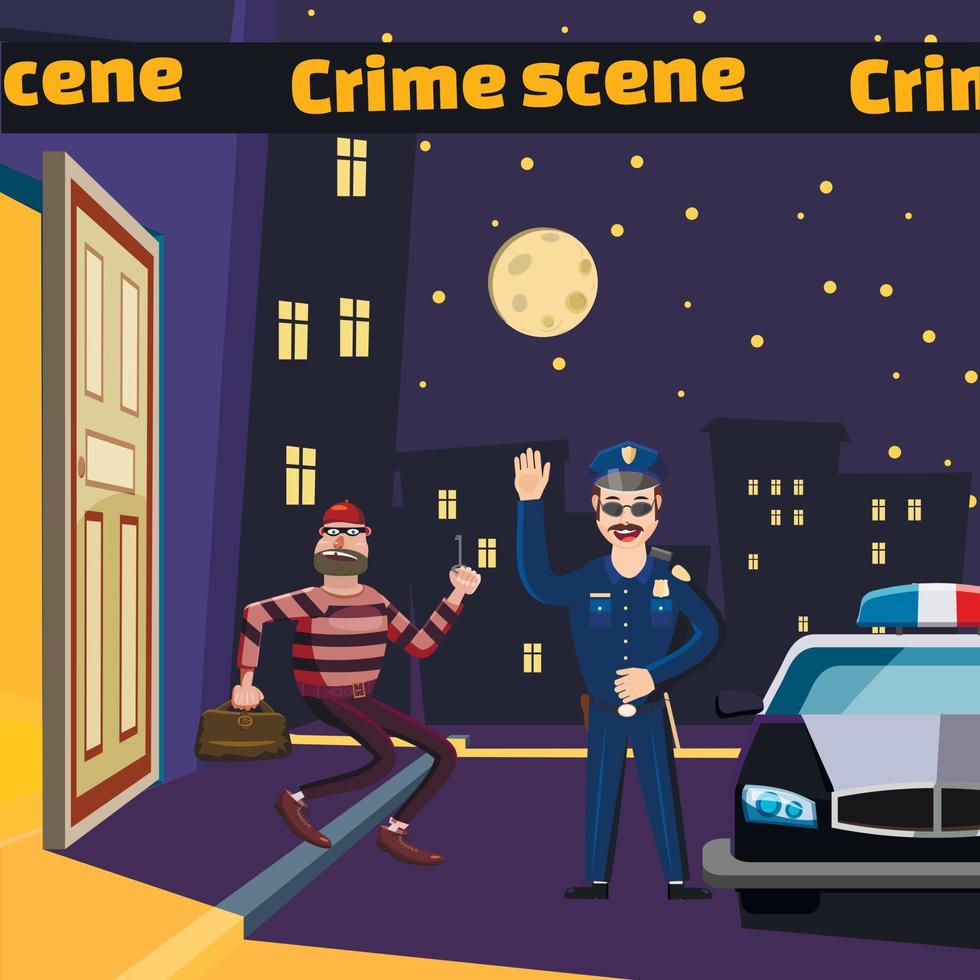 Criminal scene catch thief concept, cartoon style vector