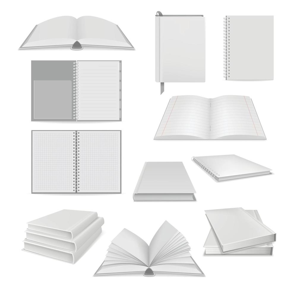 conjunto de maquetas de bloc de notas de libro, estilo realista vector