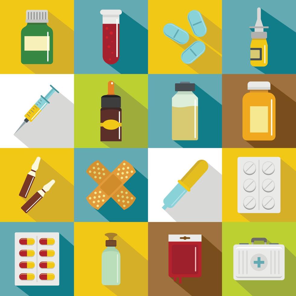 Different drugs icons set, flat style vector