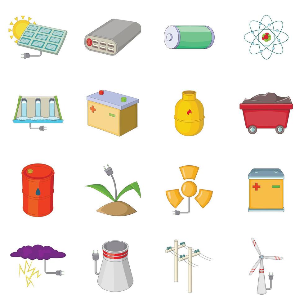 Energy sources items icons set, cartoon style vector